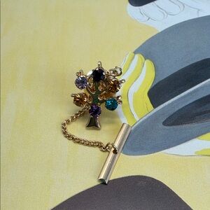 ANSON Multicolor Rhinestone Gold Tone Family or Tree of Life Tie Tack with Chain